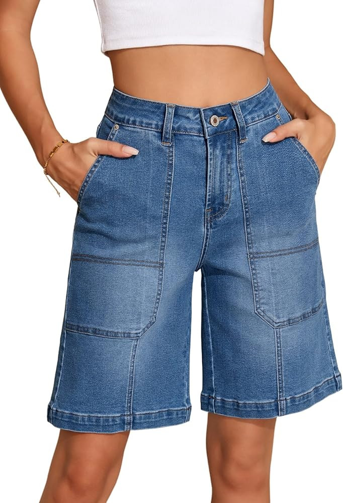 Sidefeel Womens Jean Shorts High Waisted Stretchy Wide Leg Bermuda Denim Shorts Casual Loose Fit ... | Amazon (US)