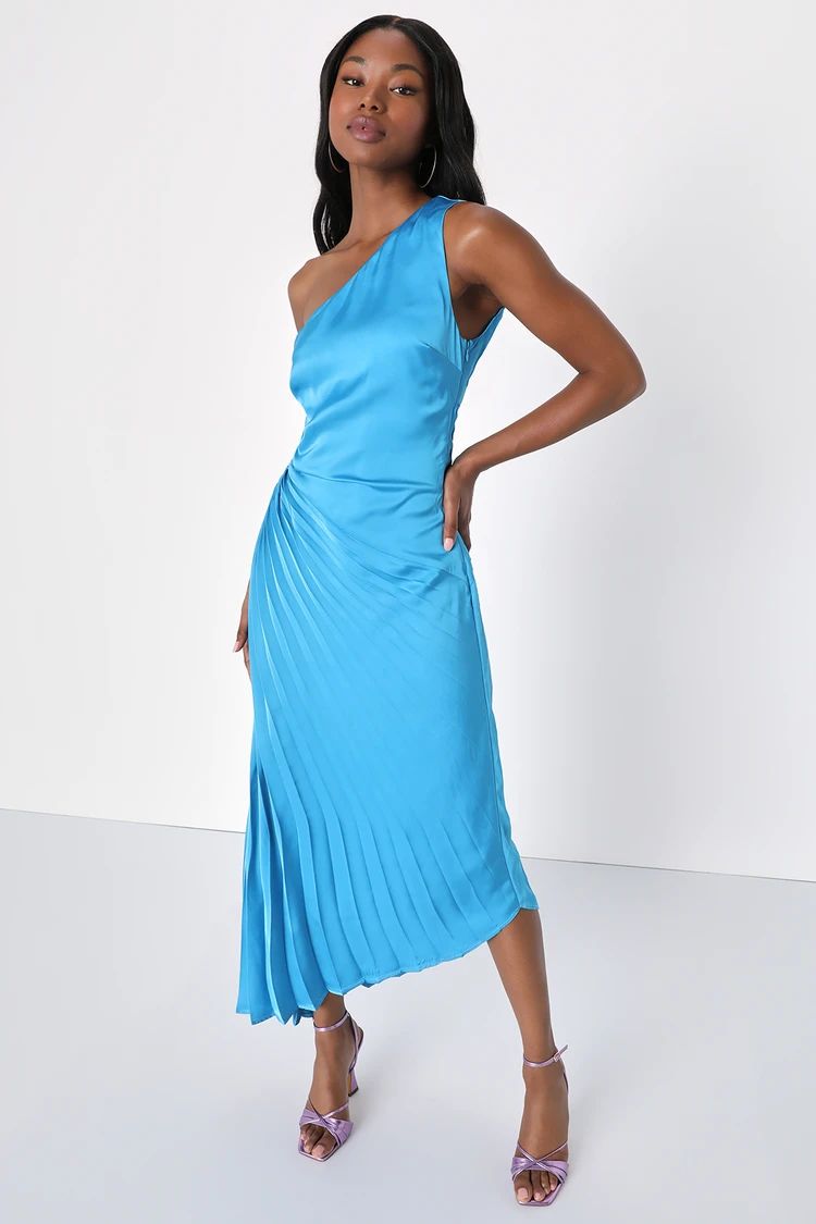 Diva Vibes Teal Blue Satin Pleated One-Shoulder Midi Dress | Lulus