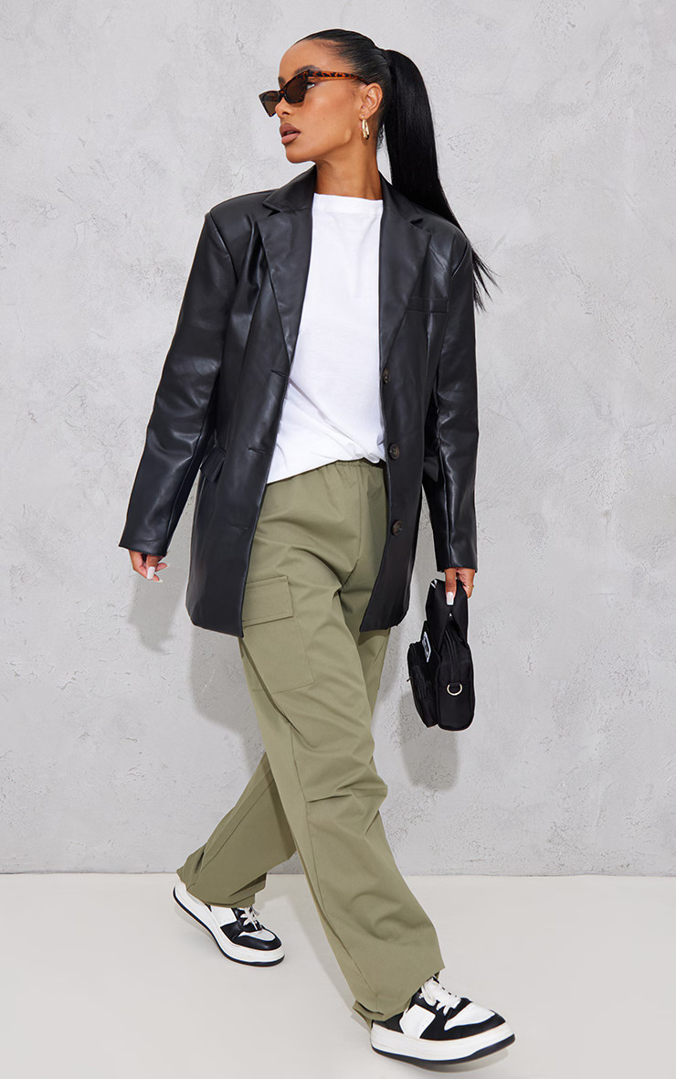 Black Faux Leather Shoulder Padded Grandad Blazer | PrettyLittleThing UK