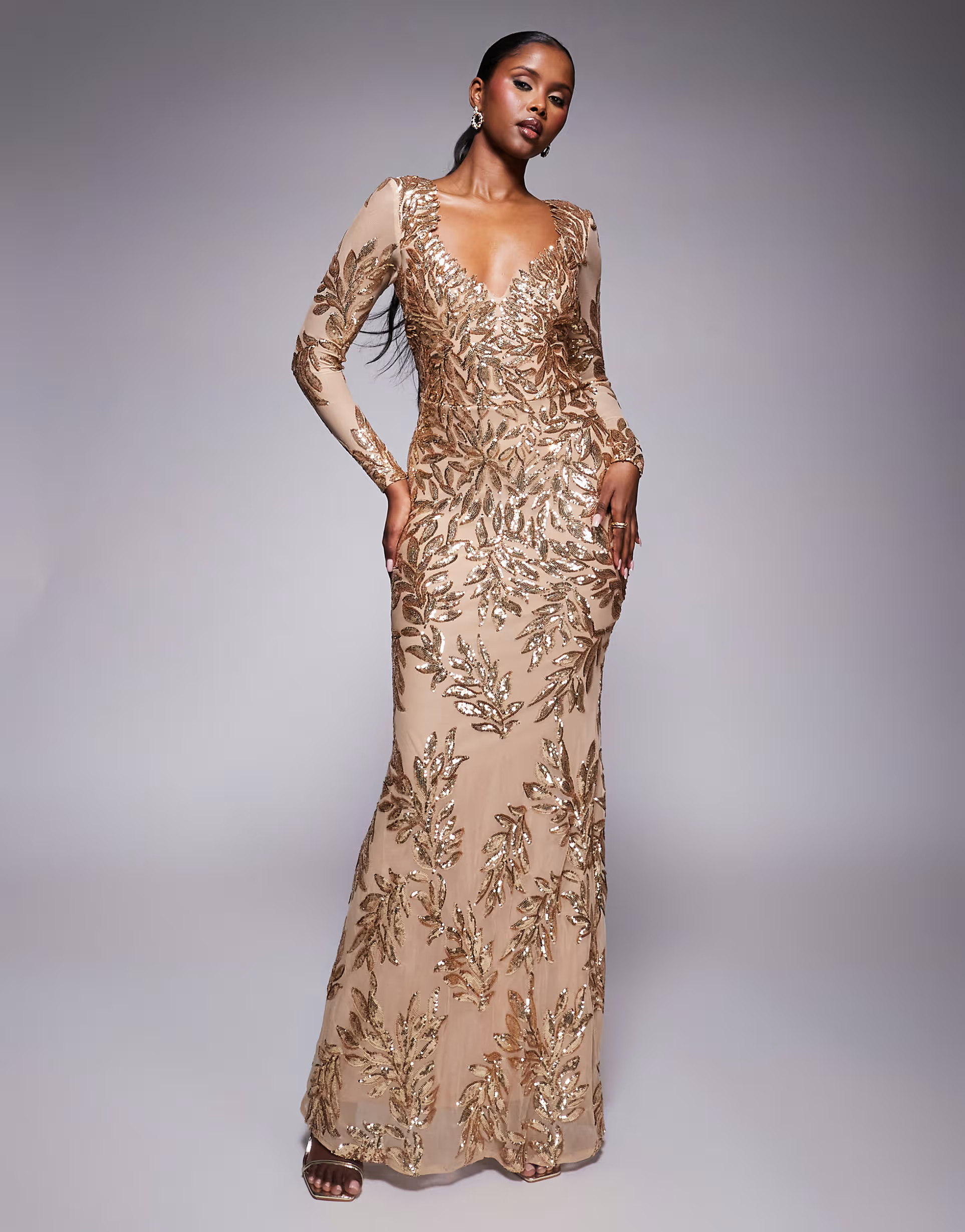 Goddiva Long sleeve sequin leaf long sleeve maxi dress in gold | ASOS (Global)