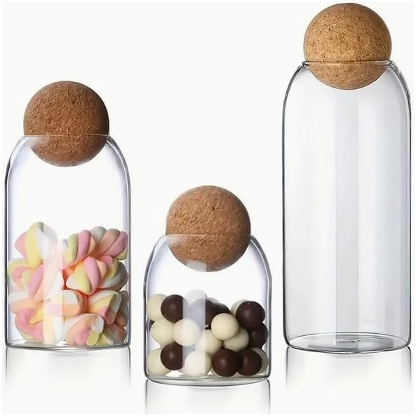 Glass Storage Jars with Ball Cork Lids - 3 Pcs Set, Decorative Round Glass Canisters, Wood Ball L... | Amazon (US)