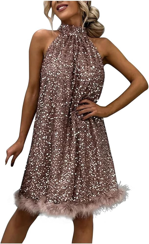 jsaierl Women Halter Neck Sequin Dress Fall Winter Festival Cocktail Party Evening Dress Sparkly ... | Amazon (US)