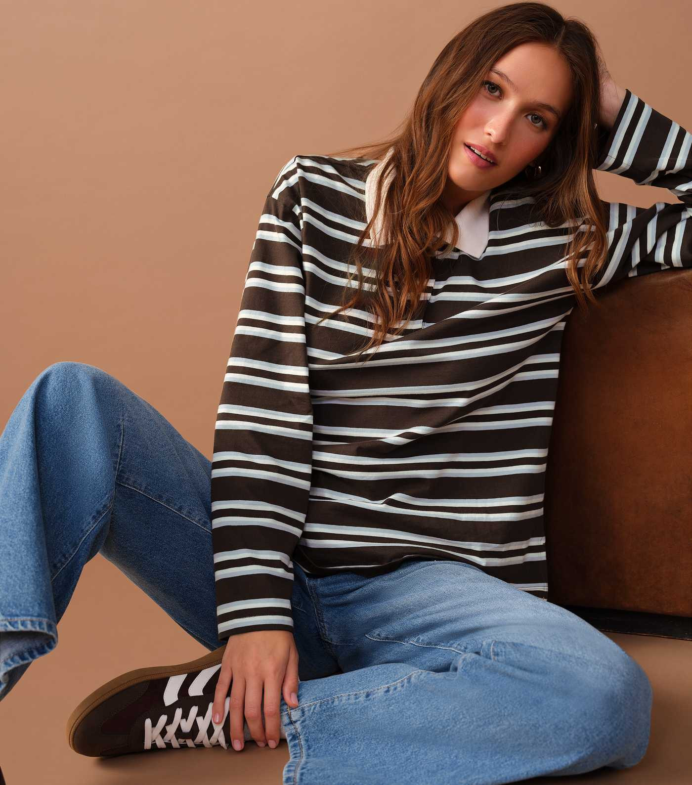 Brown Striped Long Sleeve Stripe Rugby Polo Top | New Look | New Look (UK)