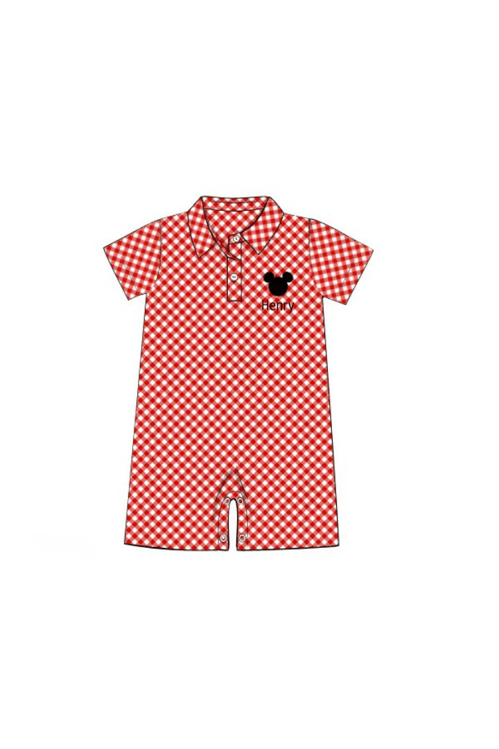Pre-Order Embroidered Mouse Red Gingham Polo Romper | The Smocked Flamingo