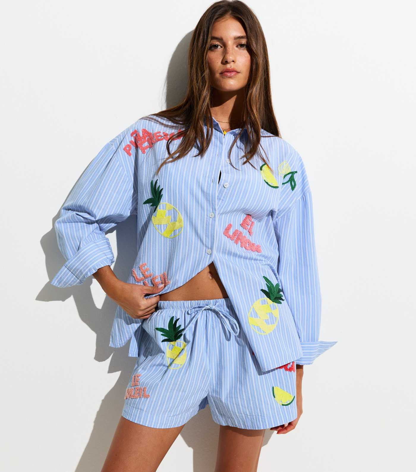 Blue Pina Fresca Striped Embroidered Shorts | New Look | New Look (UK)