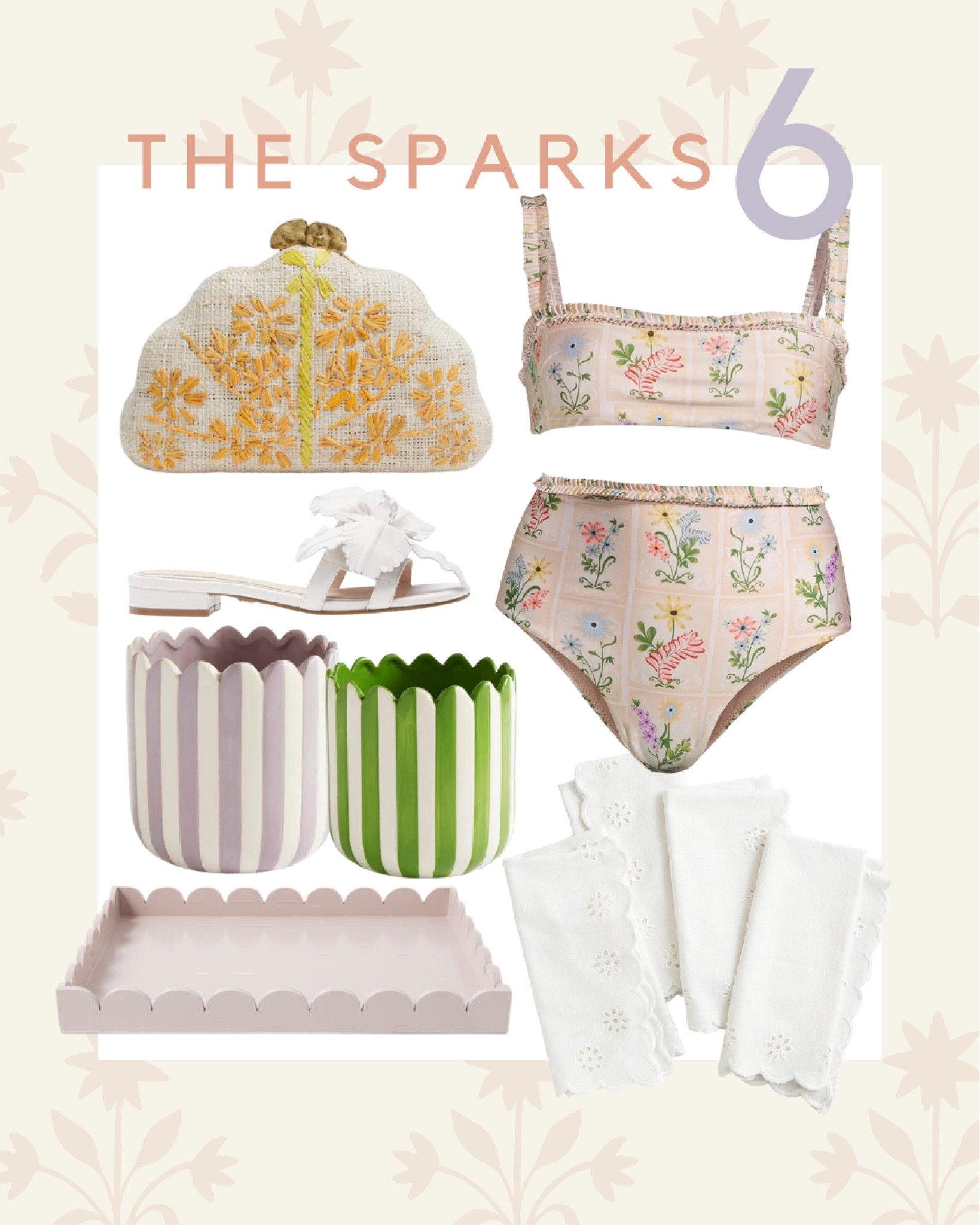 Straw clutch; block print; 2 piece swimsuit; bikini; scalloped tray; eyelet napkins; table linens; summer sandals; girly finds; feminine style; grandmillennial 

#LTKshoecrush #LTKFind #LTKGiftGuide