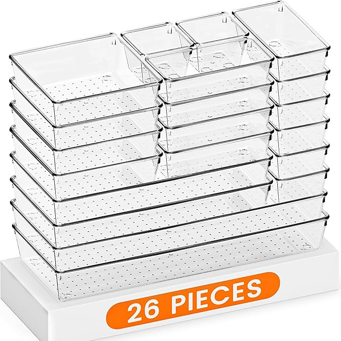 Criusia Drawer Organizer, 26 Pack Clear Plastic Drawer Organizer Bins, Versatile Organization and... | Amazon (US)