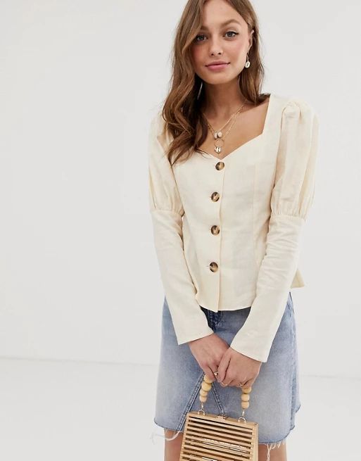 ASOS DESIGN long sleeve sweetheart neck top in linen mix with contrast buttons | ASOS US