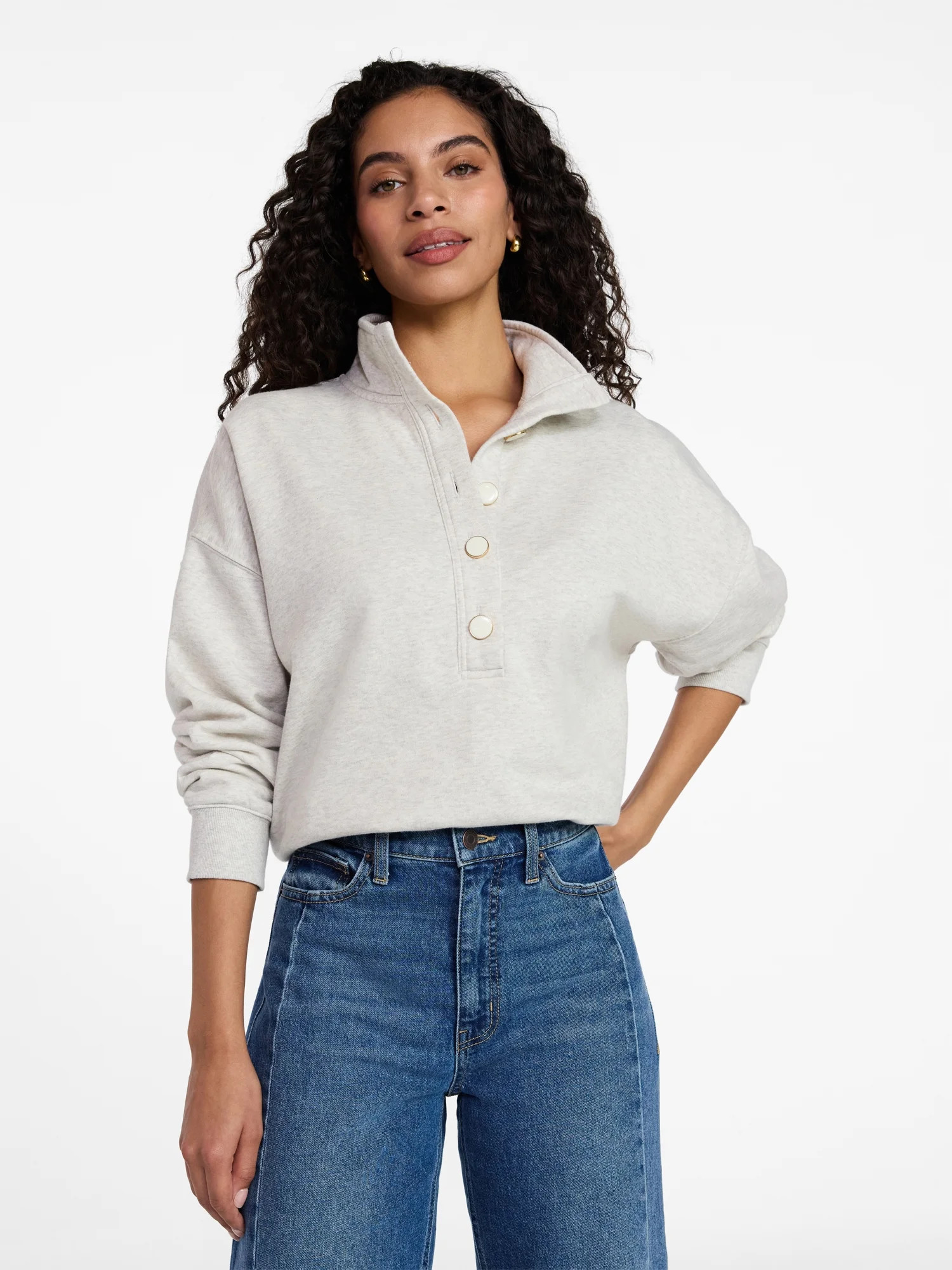 Time and Tru Women's Quarter Button Fleece Top with Long Sleeves, Size XS-4X | Walmart (US)