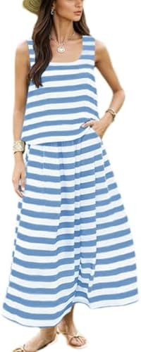 Womens Summer 2 Piece Skirt Set Striped Sleeveless Tank Top Maxi Dress Travel Outfits Matching Se... | Amazon (US)