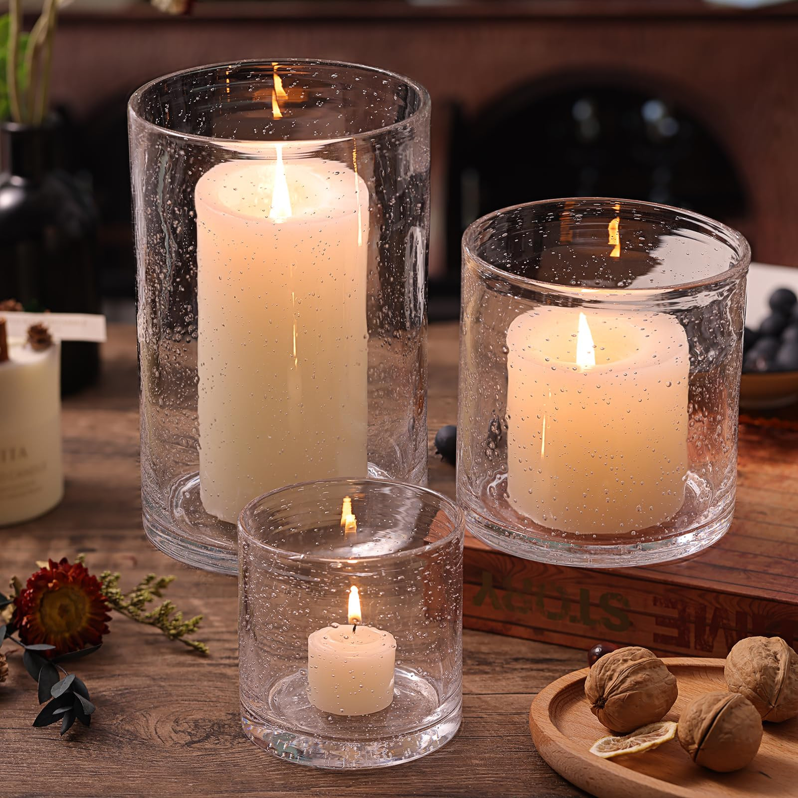 Hurricane Candle Holder Set of 3 Clear Candle Holders for Pillar Candles, Seeded Bubbles Glass Ca... | Amazon (US)