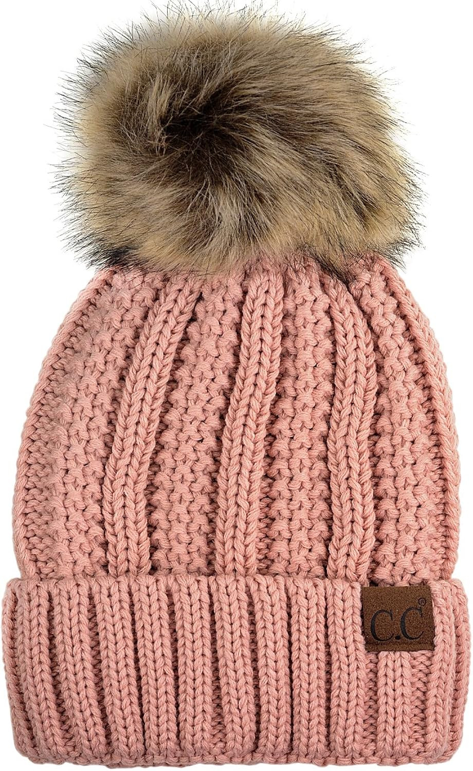 C.C Thick Cable Knit Faux Fuzzy Fur Pom Fleece Lined Skull Cap Cuff Beanie | Amazon (US)
