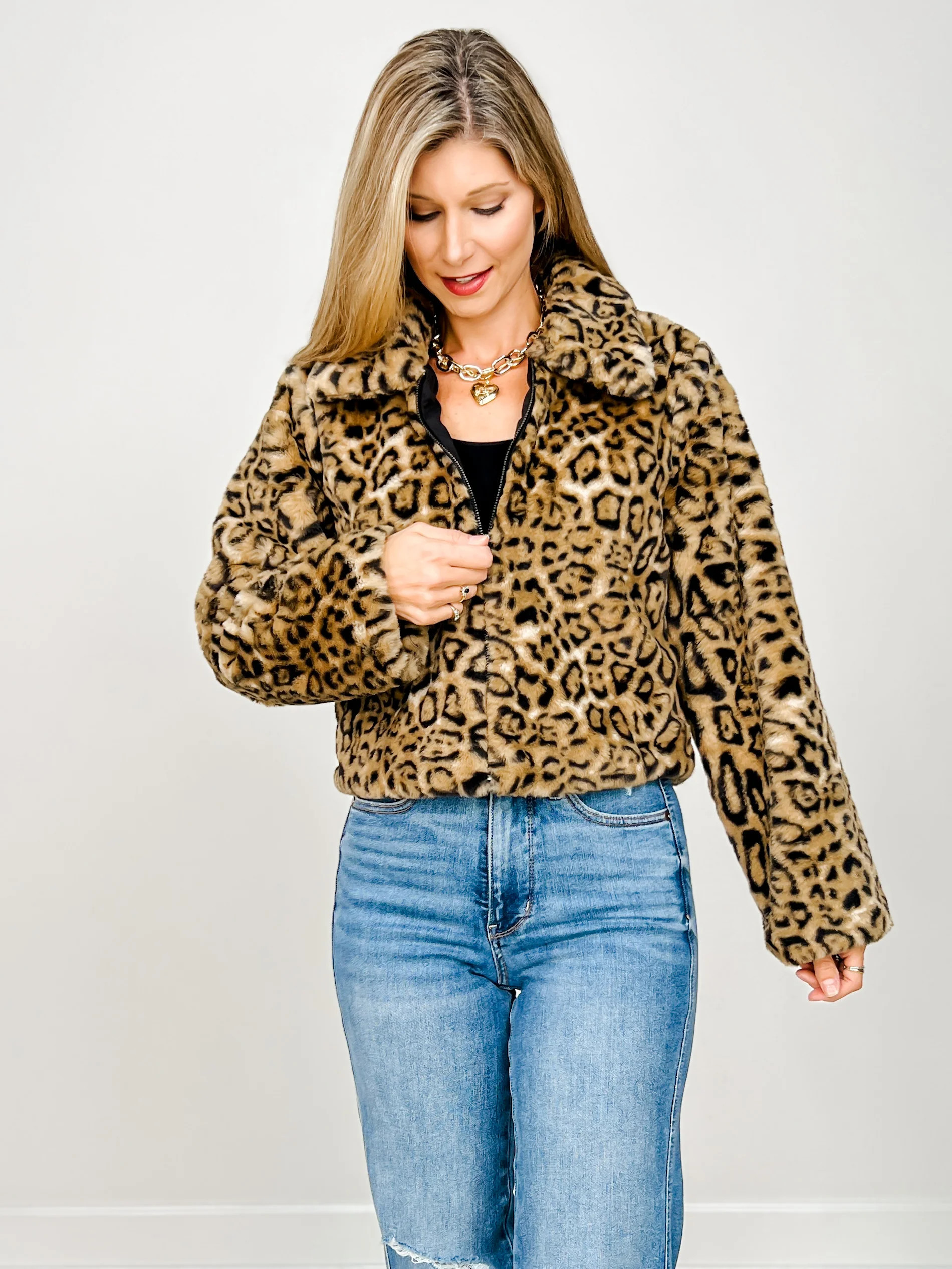 Zipper Closure Animal Print Faux Fur Jacket | Emma Lou's Boutique
