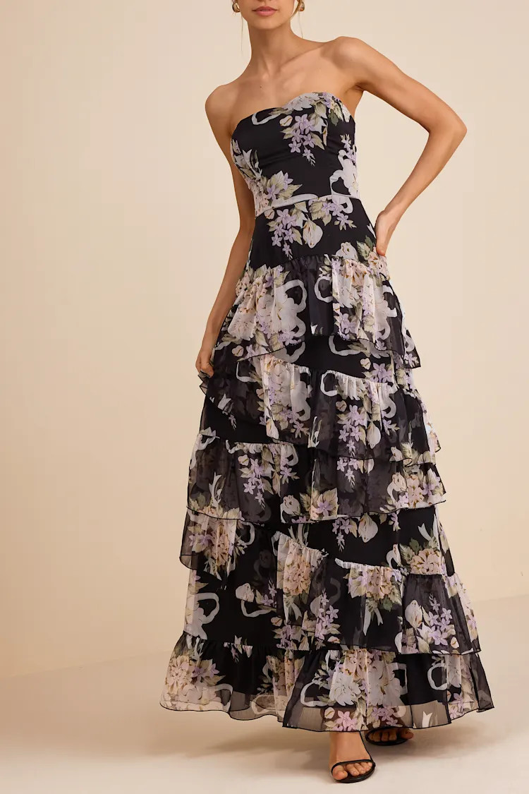 Niyati Black Floral Strapless Tiered Maxi Dress | Lulus