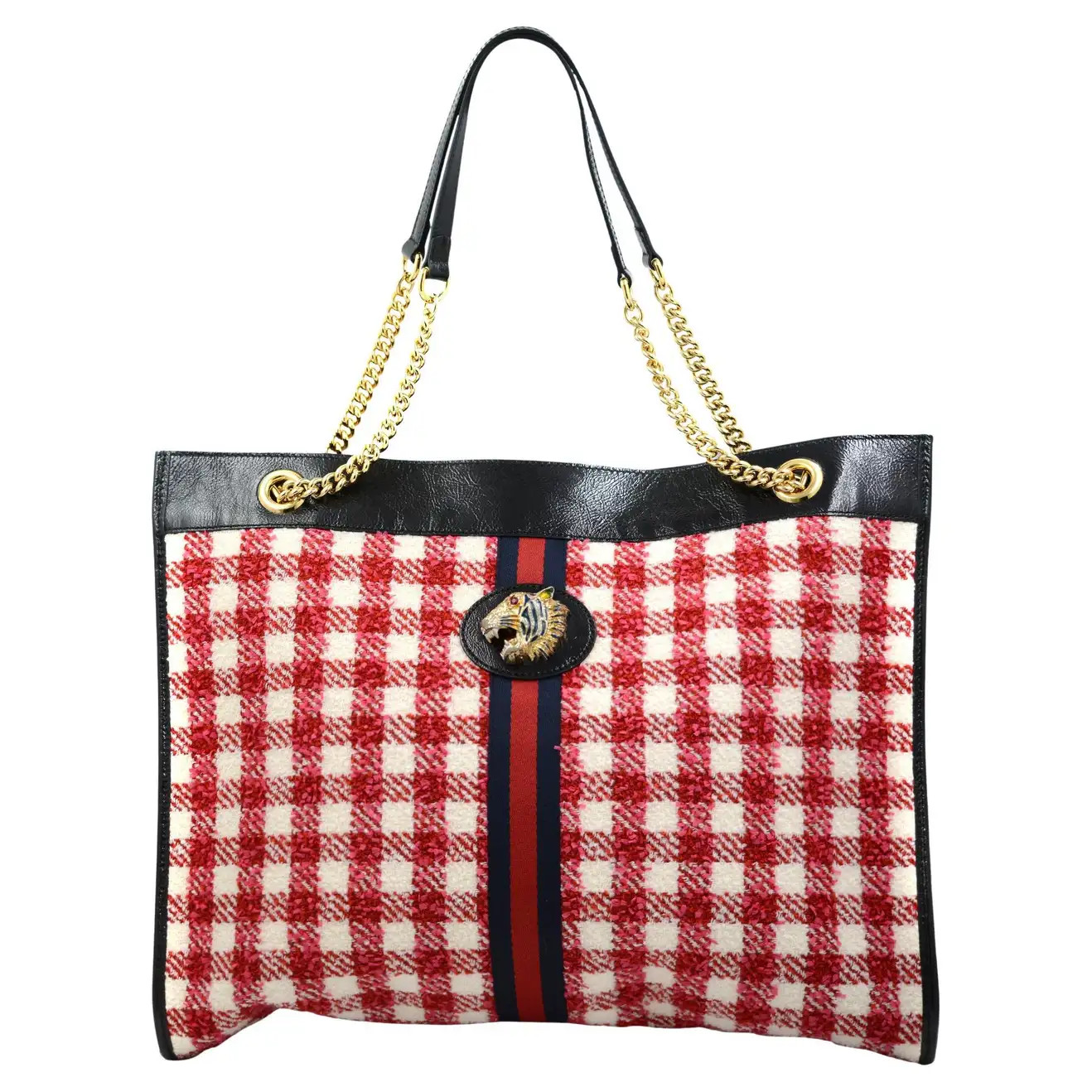 Gucci Gg Rajah Red and White Tweed Chain Large Tote Bag 537219 | 1stDibs