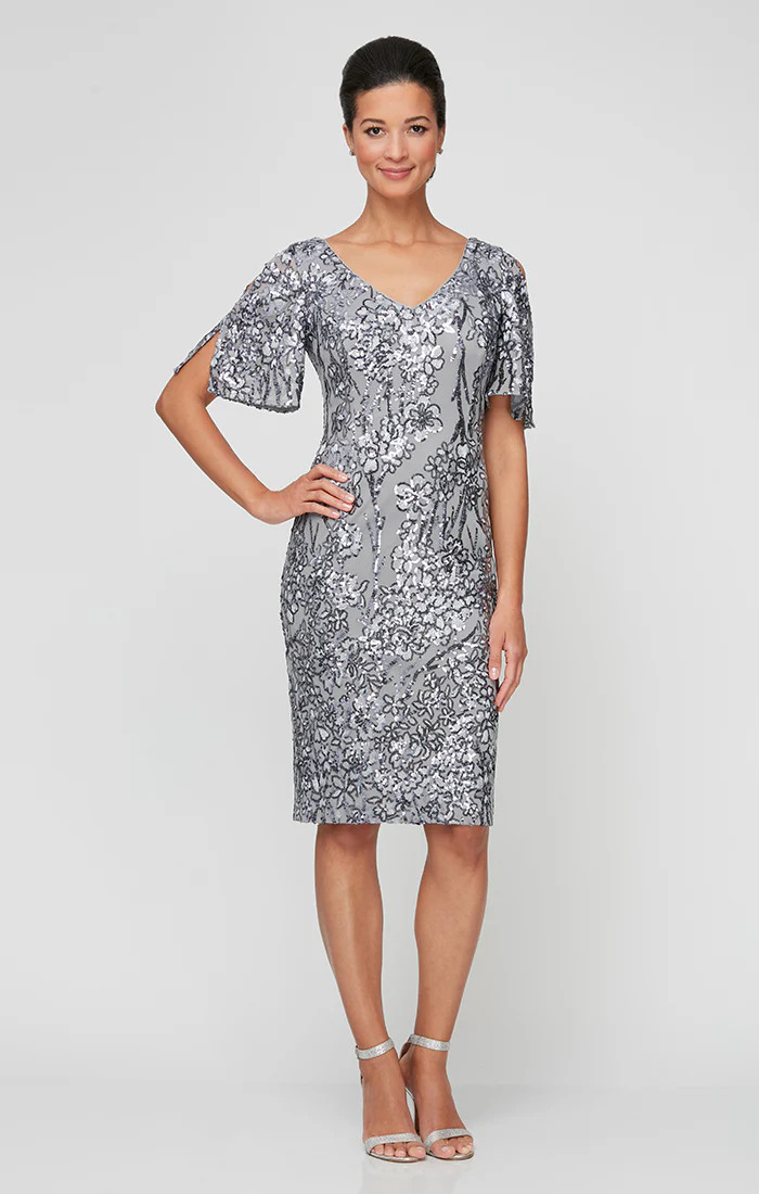 V-Neck Sequin Cocktail Dress with Cold Shoulder Flutter Sleeves | Alex Evenings