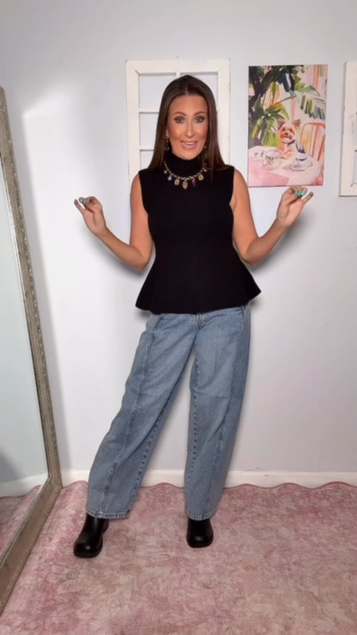 These barrel jeans are super popular, but I don’t love them on me - but many of yall are loving them and asking for the links. I think they are adorable on other people - just not on me! 😂 I’m wearing a 2 and they’re a little big on me. The peplum sweater, however, I love! Also comes in an off white color. I got both. Looks and feels high end. Wearing the XS.

@Walmart Walmart finds, Walmart fashion, Walmart deals, Walmart style, fall outfits, fall fashion, fall style, dressy casual

#LTKootd #LTKSeasonal