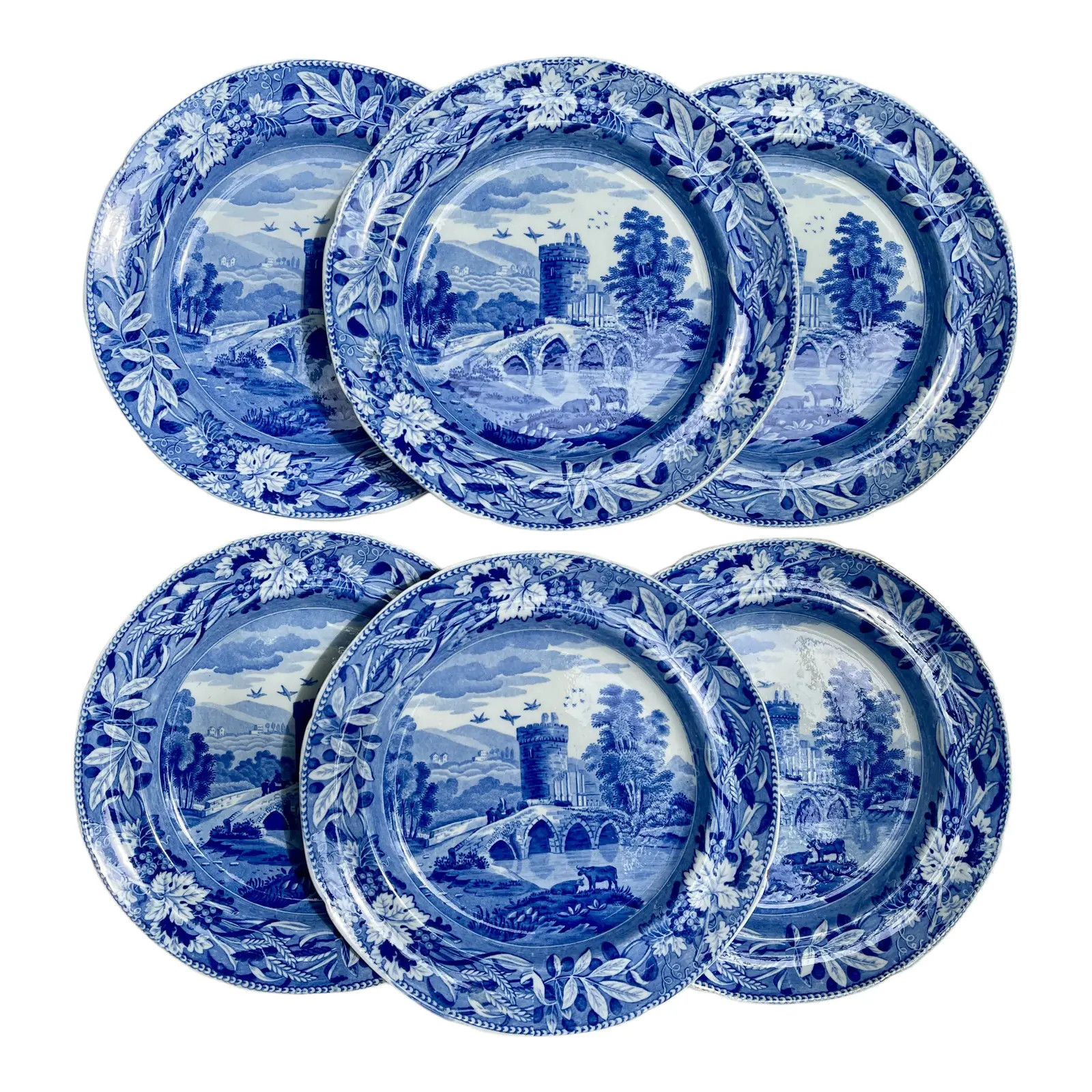 Josiah Spode 'Bridge of Lucano' Blue Transferware Dinner Plates Circa 1820 Set/6 | Chairish