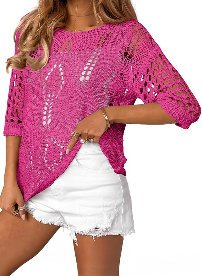 EVALESS Womens Crochet Hollow Out Knit Tops Half Sleeve Spring Summer Sweaters Beach Cover Ups fo... | Amazon (US)