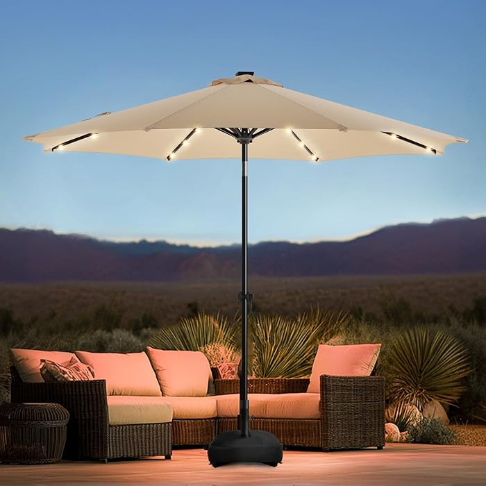 wikiwiki 9FT Solar Led Patio Umbrella with Base Included, 32 LED Lights, 8 Sturdy Ribs, Fade Resi... | Amazon (US)