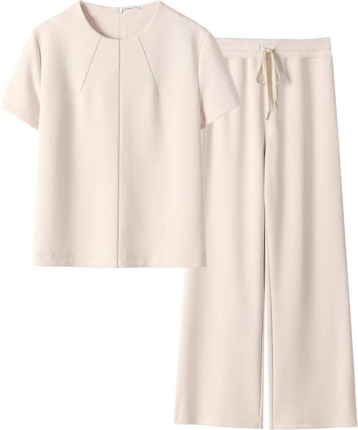 ANRABESS 2 Piece Sets for Women Summer Outfits Lounge Sweatsuits Short Sleeve Wide Leg Pants Swea... | Amazon (US)