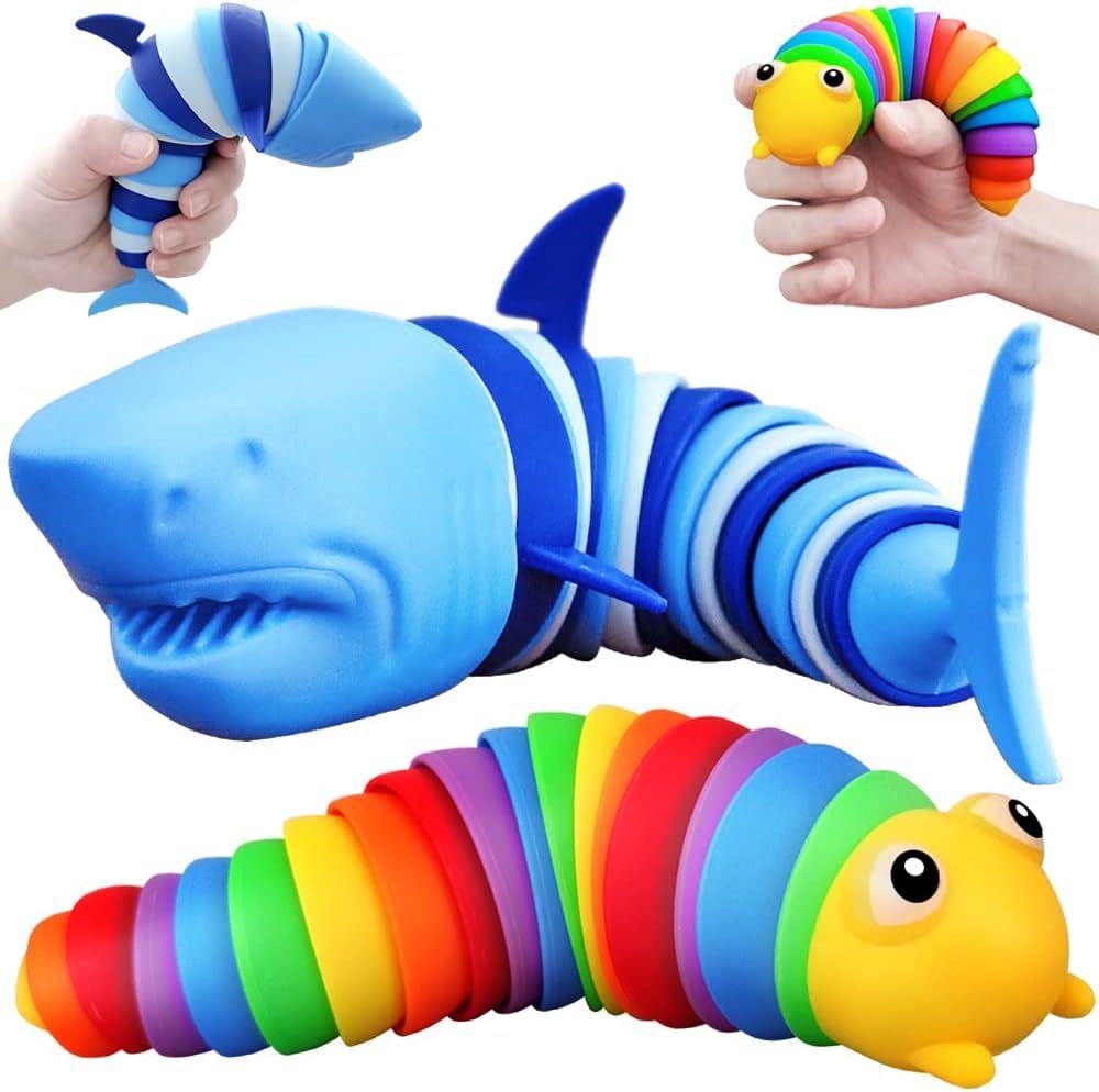 2 Pieces Articulated Fidget Toy, Rainbow Caterpillar Toy Ocean Shark Decompression Toys, Stim Toy... | Amazon (US)