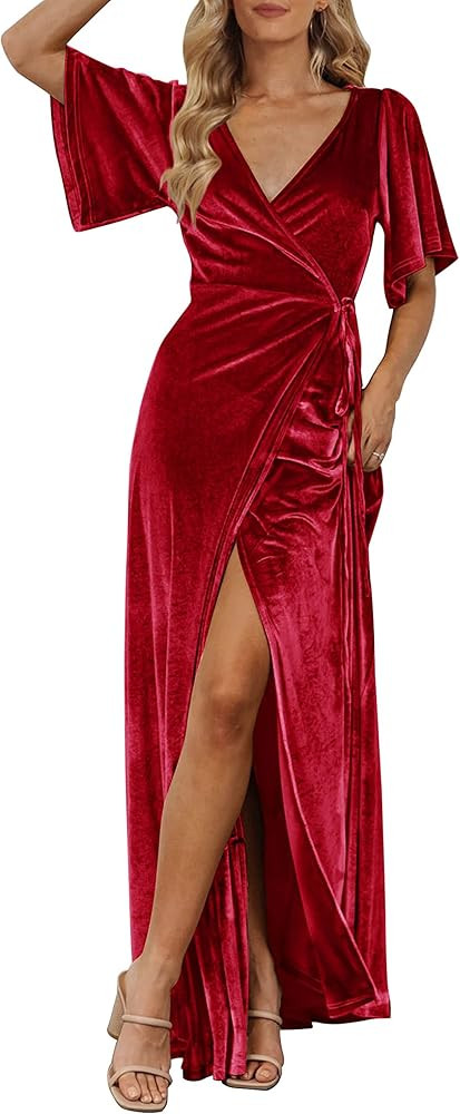 MEROKEETY Women's V Neck Wrap Velvet Maxi Dress Bell Sleeve Split Bridesmaid Cocktail Party Dress | Amazon (US)