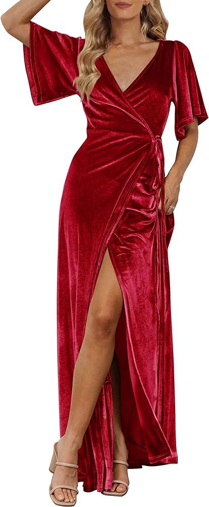 MEROKEETY Women's V Neck Wrap Velvet Maxi Dress Bell Sleeve Split Bridesmaid Cocktail Party Dress | Amazon (US)