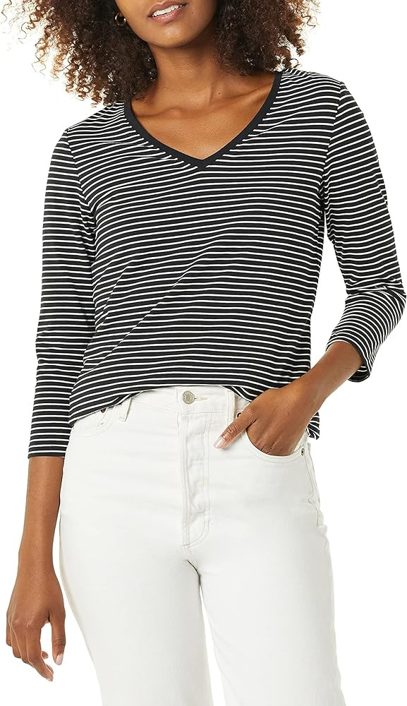 Amazon Essentials Women's Classic-Fit 3/4 Sleeve V-Neck T-Shirt (Available in Plus Size), Multipa... | Amazon (US)
