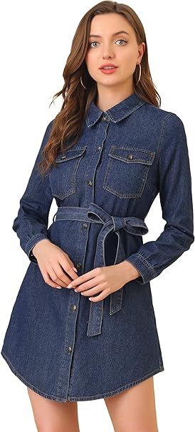 Allegra K Women's Belted Long Sleeves Button Front Denim Shirt Dress | Amazon (US)