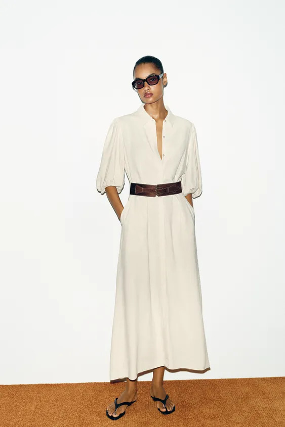 LINEN BLEND MIDI DRESS WITH BELT | Zara US