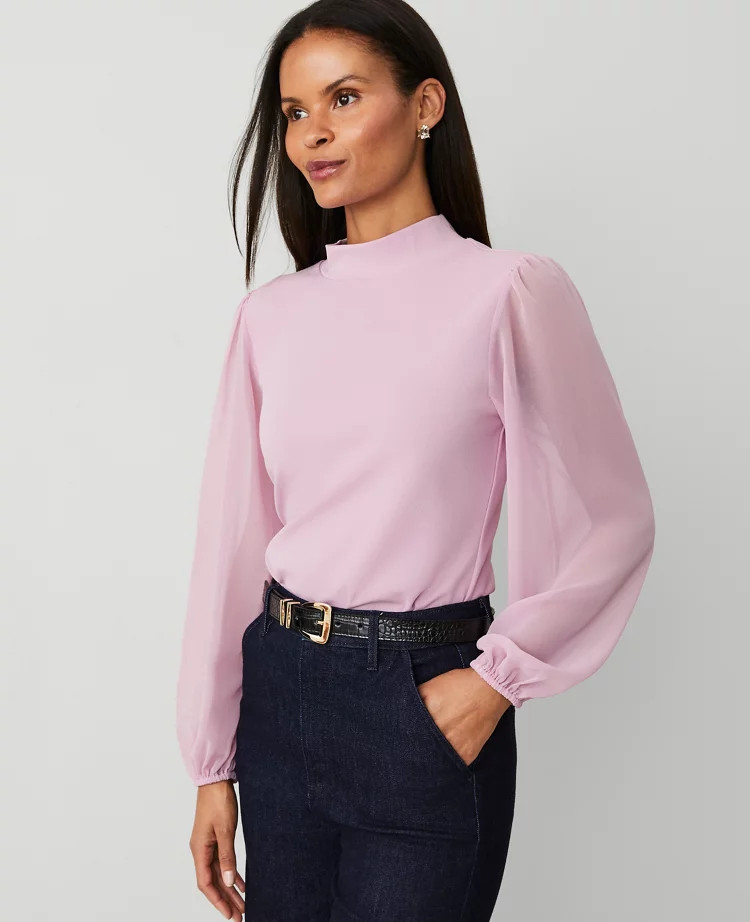 Mock Neck Chiffon Sleeve Top | Ann Taylor (US)