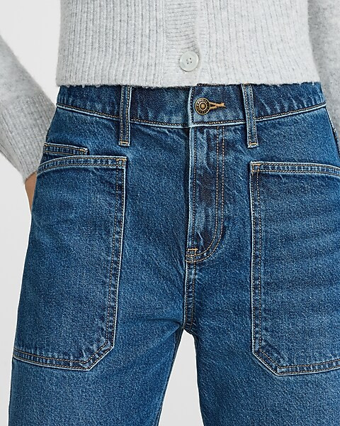 Mid Rise Medium Wash Utility Barrel Jeans | Express