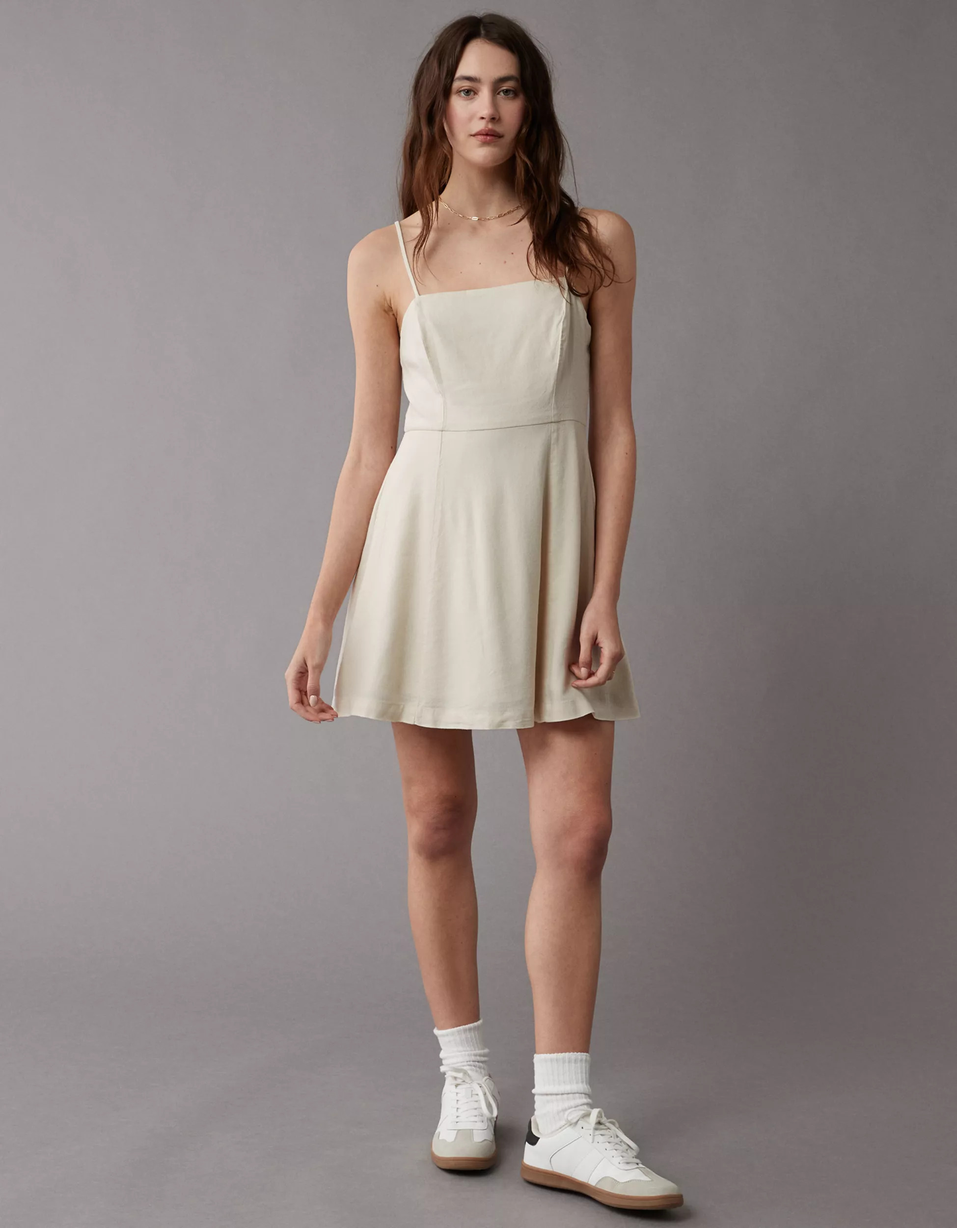 AE Linen-Blend Square Neck Mini Dress | American Eagle Outfitters (US & CA)