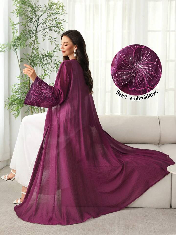 SHEIN Najma Arabic Open-Front Abaya With Embroidered Flower Trim, Lightweight Fabric, Spring/Summer, Modest Robe | SHEIN