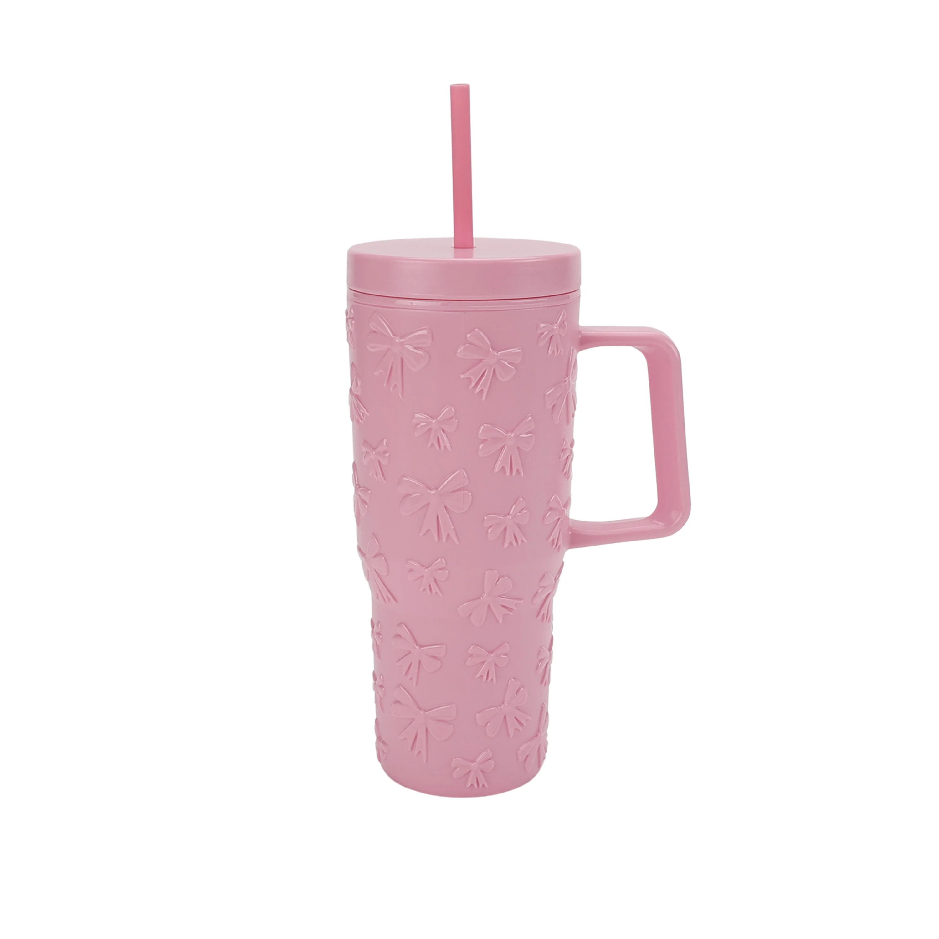 30 Ounce Pink Acrylic Double Wall Embossed Bows Tumbler with Straw and Handle, by Holiday Time | Walmart (US)