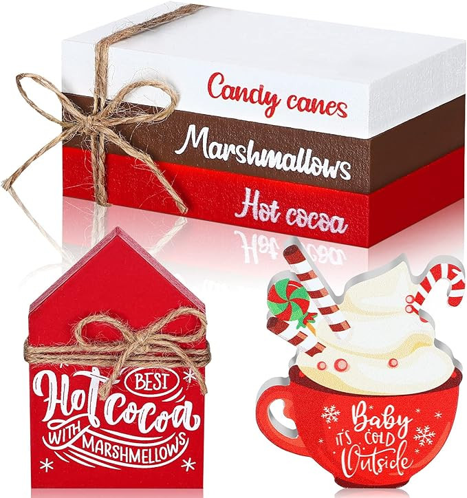 Blulu 5 Pcs Christmas Decorations Indoor Christmas Tiered Tray Decor Red Hot Cocoa Wooden Sign 3 ... | Amazon (US)