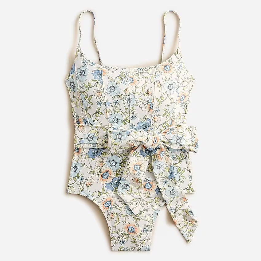 Topstitched tie-waist one-piece in floral vines | J.Crew US