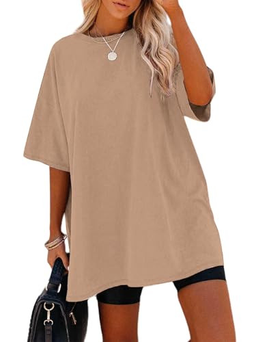 Remidoo Womens Oversized T Shirts Summer Casual Short Sleeve Basic Solid Tee Baggy T Shirt Beige Large | Amazon (US)