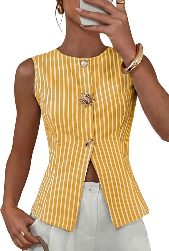 EVALESS Vest Tops for Women Trendy 2026 Summer Button Down Business Casual Sleeveless Suit Blazer... | Amazon (US)