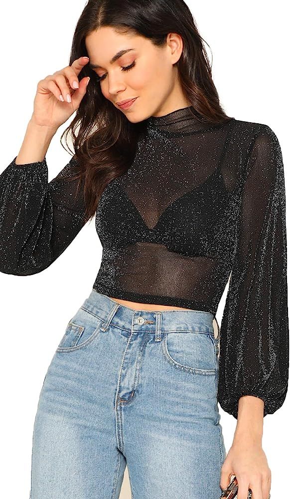 Romwe Women's Bishop Sleeve Glitter Sexy Sheer Mesh Crop Blouse Top | Amazon (US)