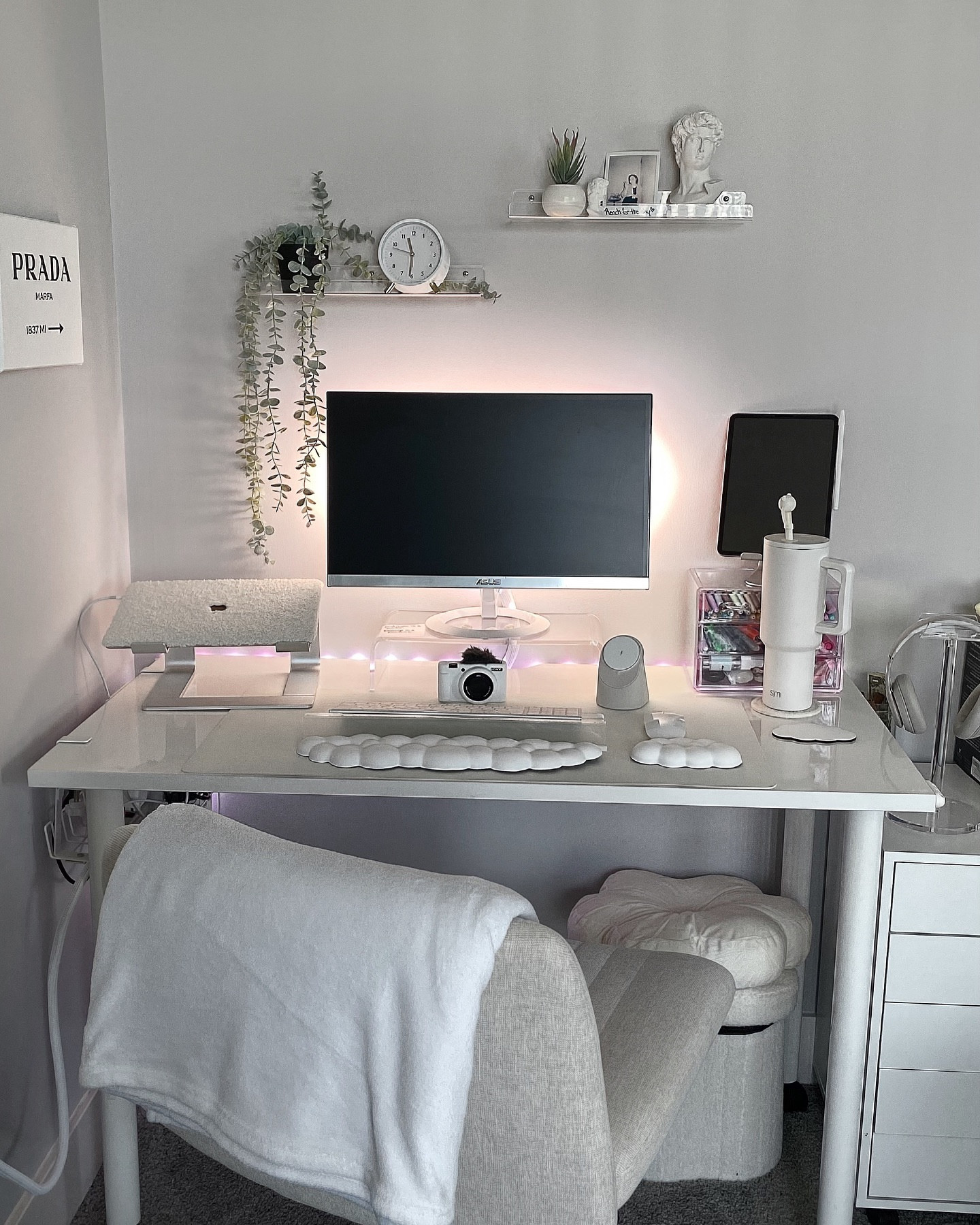 New additions! ☁️ can you spot the difference? 
 
Here are the pieces I added from @amazon to add some intentional functional pieces that also gave a cute and cozy vibe:

☁️Cloud wrist/mouse rest set
☁️Sherpa ottoman - to hide items and that I want to keep close but  don’t necessarily want taking up space on my desk.
[Also as a neurodivergent girlie it does wonders as my little foot rest when I’m constantly changing positions.]
☁️Petal pillow - for my back or feet. It’s so soft and plush.
☁️ @goveeofficial strip lights - for more brightness


#LTKFindsUnder50 #LTKHome #LTKFindsUnder100