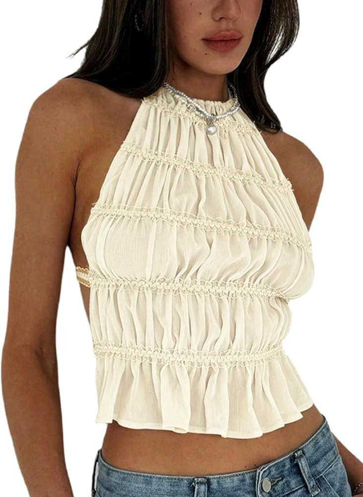 Floerns Women's Sleeveless Shirts Halter Backless Pleated Ruffle Hem Cute Cami Top | Amazon (US)