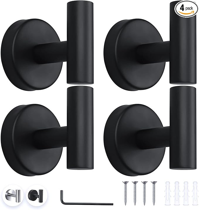 Budding Joy Black Stainless Steel 4-Pack Bathroom Wall Mounted Towel Hooks | Amazon (US)