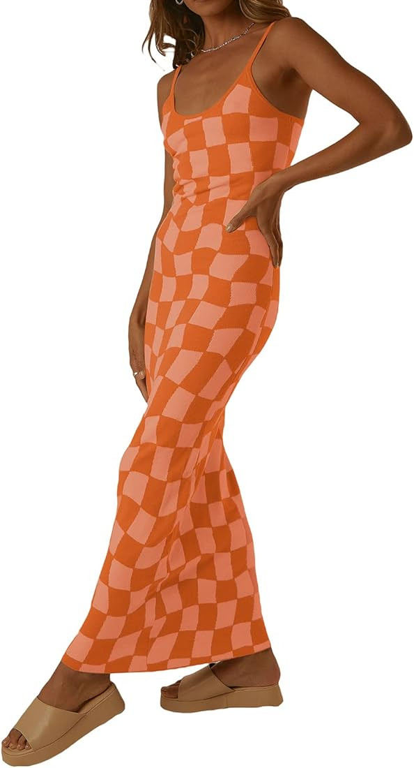 Low Cut Ribbed Knit Long Bodycon Sling Dress Sleeveless Spaghetti Straps Club Party Floral Maxi D... | Amazon (US)