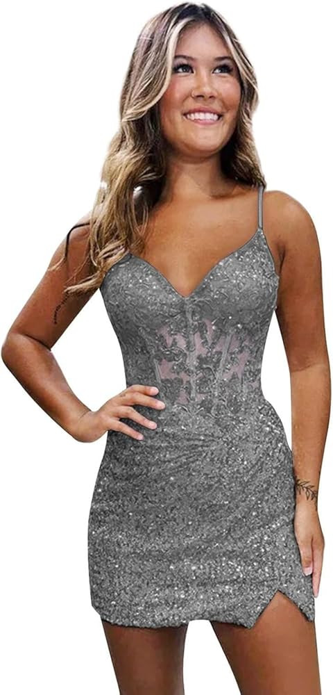 Loyeloy Short Homecoming Dresses for Teens 2025 V Neck Sparkly Sequin Applique Prom Evening Gowns | Amazon (US)