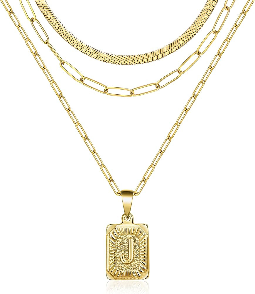 Dainty Layered Initial Necklaces for Women, 18K Gold Plated Paperclip Chain Necklace Simple Cute Let | Amazon (US)