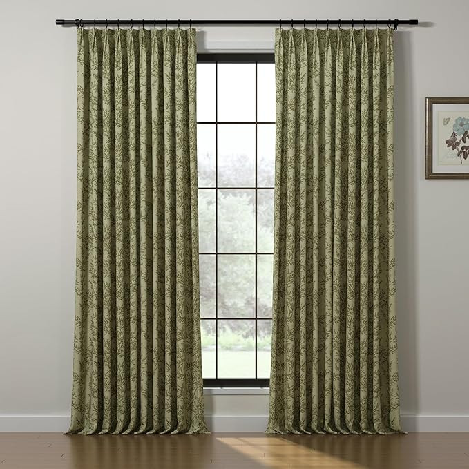 TWOPAGES 52W x 90L Inches Pinch Pleat Curtain for Traverse Rod Leaves Pattern Light Filtering Pri... | Amazon (US)