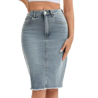 INSPIRE CHIC Women's Raw Hem High Waisted Pockets Stretch Knee Length Jean Denim Skirt Grey Blue Medium | Target