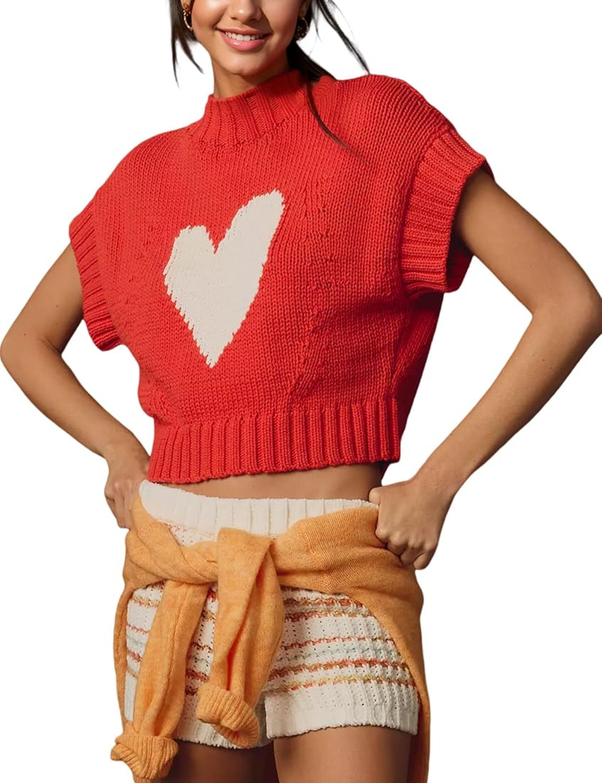 Women Cap Sleeve Sweater Vest Cute Heart Print Mock Neck Sweaters Knitted Pullover Tank Tops Vale... | Amazon (US)